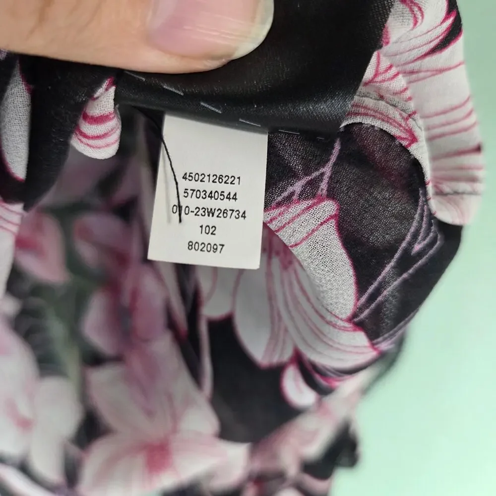 White House Black Market Womens Pink Floral Ruffle Sheer LS Blouse Size Large